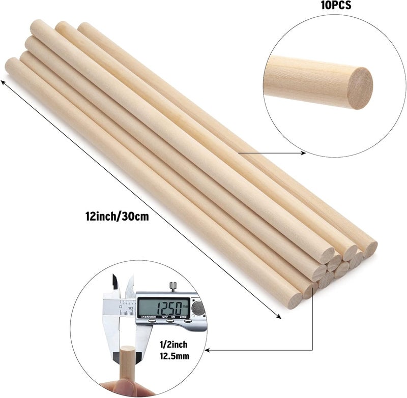 Coowayze Wooden Dowel Rods Wood Dowels, 10PCS 1/2 x 12 Round Wooden Sticks for Crafts, Macrame Dowels, Unfinished Hardwood Sticks for Crafting, Arts and DIYers, Tiered Cake Support and Wedding Ribbon Wands - Image 2